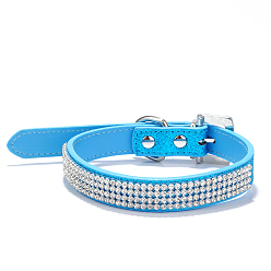 Deep Sky Blue Adjustable PU Pet Collars, Resin Rhinestone Cat Dog Choker Necklace, Deep Sky Blue, 420x20mm