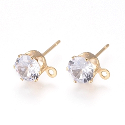 Clear Brass Stud Earring Findings, with 316 Surgical Stainless Steel Pin, Cubic Zirconia and Loop, Long-Lasting Plated, Flat Round, Real 14K Gold Plated, Clear, 8x6x5.5mm, Hole: 1mm, Pin: 0.7mm