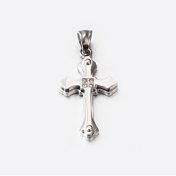 Stainless Steel Color 304 Stainless Steel Rhinestone Cross Pendants, Stainless Steel Color, 32x18x4mm, Hole: 6x5mm