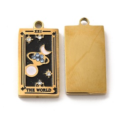 Black 304 Stainless Steel Pendants, with Enamel and Rhinestone, Golden, Rectangle with Tarot Pattern, The World XXI, Black, 21x10.5x2mm, Hole: 1.5mm