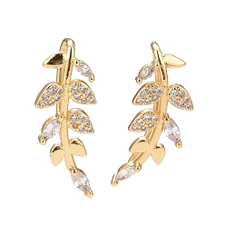 Clear Cubic Zirconia Leaf Dangle Earrings, Real 18K Gold Plated Brass Jewelry for Women, Lead Free & Cadmium Free, Clear, 22x9mm, Pin: 1mm