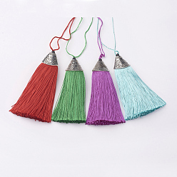 Couleur Mélangete Nylon pompon grandes décorations pendantes, avec du plastique ccb, argent antique, couleur mixte, 85x20x10.5mm