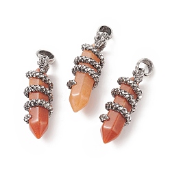 Red Aventurine Natural Red Aventurine Double Terminal Pointed Pendants, Faceted Bullet Charms with Antique Silver Tone Alloy Dragon Wrapped, 47x14.5x15mm, Hole: 7.5x6.5mm