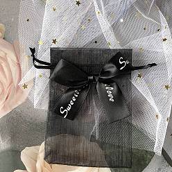 Black Rectangle Organza Drawstring Bags, Bowknot Gift Storage Pouches, Black, 12x9cm