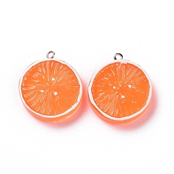 Темно-Оранжевый Плоские круглые подвески из смолы с фруктами, оранжевые прелести, с платиновыми тоновыми железными петлями, темно-оранжевый, 30x26.5x5.5 мм, отверстие : 2 мм