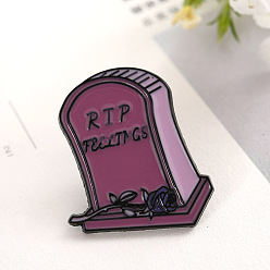 Hot Pink Halloween Theme Enamel Pin, Alloy Brooch for Backpack Clothes, Tombstone with Rose, Hot Pink, 30x21mm