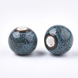 Steel Blue Handmade Porcelain Beads, Fancy Antique Glazed Porcelain, Round, Steel Blue, 10.5~11x9.5mm, Hole: 2.5mm