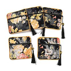 Black Chinese Style Floral Cloth Jewelry Storage Zipper Pouches, Square Jewelry Gift Case with Tassel, for Bracelets, Earrings, Rings, Random Pattern, Black, 115x115x7mm