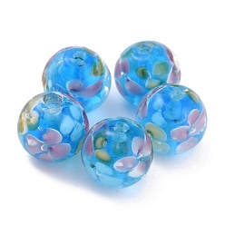 Deep Sky Blue Round Lampwork Beads, Plum Flower Petal Pattern, with Hole, Deep Sky Blue, 12mm, Hole: 1.8mm