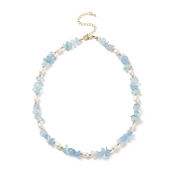 Aquamarine Natural Aquamarine Chips & Pearl Beaded Necklace, Gemstone Jewelry for Women, 15.35 inch(39cm)