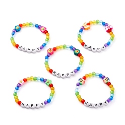 Mixed Color Transparent & Opaque Acrylic Beaded Bracelets for Kids, with Handmade Polymer Clay Beads, Word Happy, Mixed Shape, Mixed Color, Inner Diameter: 1-7/8 inch(4.8cm)
