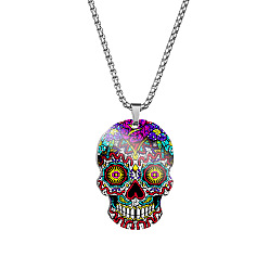 Yellow Stainless Steel Skull with Flower Pendant Necklaces, Halloween Jewelry for Women, Yellow, 23.62 inch(60cm)