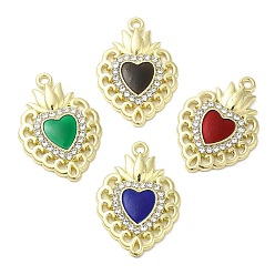 Golden Alloy Pendant, with Glass, Cadmium Free & Nickel Free & Lead Free, Heart with Lotus Charms, Mixed Color, Golden, 27x18.5x3mm, Hole: 1.6mm