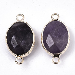 Amethyst Natural Amethyst Links Connectors, with Light Gold Tone Brass Findings, Oval, Faceted , 27.5x14.5x6mm, Hole: 2mm