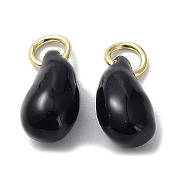Black Brass Enamel Charms, with Jump Ring, Lead Free & Cadmium Free, Real 18K Gold Plated, Teardrop Charm, Black, 12x6x7mm, Hole: 3.4mm