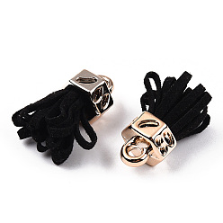 Noir Faux suède pendentif pompon décorations, avec extrémités de cordon en plastique ccb or rose, noir, 25~26.5x13.5~20mm, Trou: 3mm