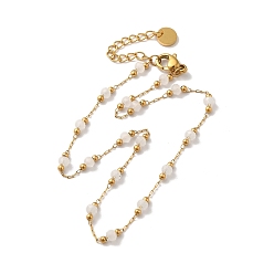 White Glass Round Beaded Link Chain Necklace, Golden 304 Stainless Steel Jewelry for Women, White, 9.84 inch(25cm), Extension Chain: 4.5cm