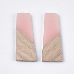 Pink Colgantes de resina y madera de nogal, trapezoide, rosa, 49~49.5x19~19.5x3.5 mm, agujero: 2 mm