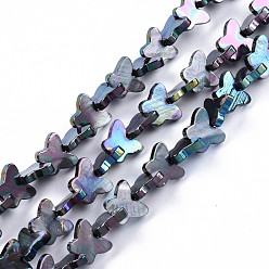 Black Natural Freshwater Shell Beads Strands, AB Color Plated, Dyed, Butterfly, Black, 10~11x12.5~13.5x3mm, Hole: 0.7mm, about 38~39pcs/strand, 12.80 inch~12.99 inch(32.5~33cm)