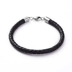 Stainless Steel Color Unisex Braided Leather Cord Bracelets, with 304 Stainless Steel Lobster Claw Clasps, Stainless Steel Color, 7-1/2 inch(19cm), 5mm