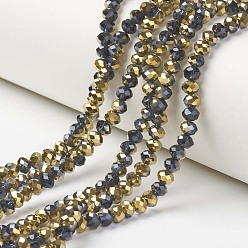 Prussian Blue Electroplate Transparent Glass Beads Strands, Half Golden Plated, Faceted, Rondelle, Prussian Blue, 4x3mm, Hole: 0.4mm, about 130pcs/strand, 16.54 inch(42cm)