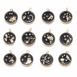 Constellation Brass Micro Pave Cubic Zirconia Pendants, with Enamel and Jump Ring, Flat Round with 12 Constellations, Golden, Random Mixed Constellations, 23x21x2.5mm, Hole: 3mm