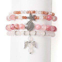 Mixed Stone 4Pcs 4 Style Natural Mixed Gemstone Beaded Stretch Bracelets Set, Shell & Starfish & Fairy Alloy Charms Stackable Bracelets for Women, Inner Diameter: 2~2-1/4 inch(5.2~5.6cm), 1Pc/style