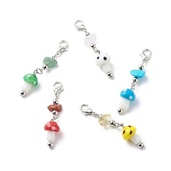 Mixed Color Mushroom Handmade Lampwork Pendant Decorations, with Gemstone Chips and Alloy Lobster Claw Clasps, Mixed Color, 51~53mm
