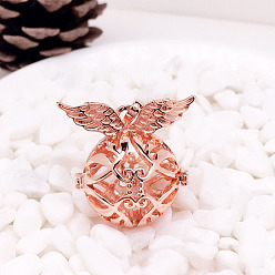 Rose Gold Brass Bead Cage Pendants, for Chime Ball Pendant Necklaces Making, Hollow Round with Wing Charm, Rose Gold, Inner Diameter: 18mm