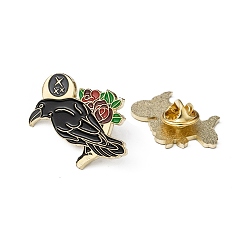 Black Creative Zinc Alloy Brooches, Enamel Lapel Pin, with Iron Butterfly Clutches or Rubber Clutches, Bird with Rose, Golden, Black, 30x23mm, Pin: 1mm