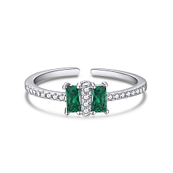 Темно-Зеленый Запонки из стерлингового серебра 925 с родиевым покрытием, кольцо с камнем, прямоугольник с фианитами для женщин, Реальная платина, темно-зеленый, 1 мм, размер США 7 (17.3 мм)