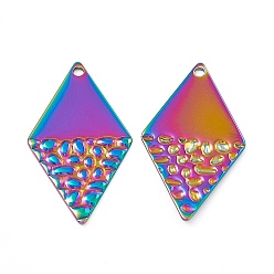 Rainbow Color Placage ionique (ip) 304 pendentifs en acier inoxydable, charme de losange, couleur arc en ciel, 32x18x1mm, Trou: 1.5mm