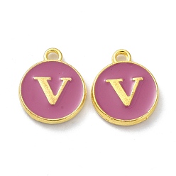 Letter V Golden Plated Alloy Enamel Charms, Cadmium Free & Lead Free, Enamelled Sequins, Flamingo, Flat Round with Letter, Letter.V, 14x12x2mm, Hole: 1.4mm