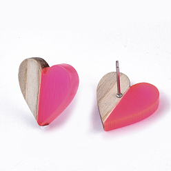 Deep Pink Transparent Resin & Wood Stud Earrings, with 304 Stainless Steel Pin, Heart, Deep Pink, 15x14~15mm, Pin: 0.7mm