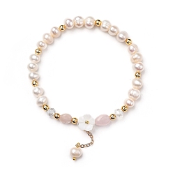 Rose Quartz Stretch Charm Bracelets, with Natural Rose Quartz Beads, Natural Pearl & Shell Beads, Glass Beads, Brass Beads and Cable Chains, Flower, Inner Diameter: 2-1/4 inch(5.7cm)