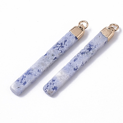 Sodalite Top Golden Plated Natural Sodalite Pendants, with Golden Tone Iron Loops, Bar, 44~45x5.5x3mm, Hole: 2mm
