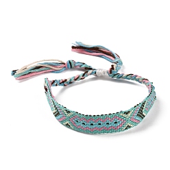 Turquoise Polyester-cotton Braided Rhombus Pattern Cord Bracelet, Ethnic Tribal Adjustable Brazilian Bracelet for Women, Turquoise, 5-7/8~11 inch(15~28cm)