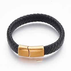 Black Leather Cord Bracelets, with Stainless Steel Magnetic Clasps, Black, 7-7/8 inch(20cm), 11.5x6mm