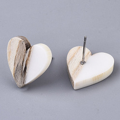 Creamy White Resin & Wood Stud Earrings, with 304 Stainless Steel Pin, Heart, Creamy White, 15x14~15mm, Pin: 0.7mm