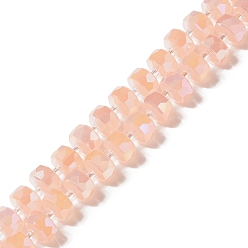 Light Salmon Glass Imitation Jade Beads Strands, AB Color Plated, Faceted, Flat Round, Light Salmon, 8x5mm, Hole: 1.2mm, about 80pcs/strand, 21.65 inch(55cm)