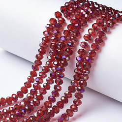 FireBrick Electroplate Transparent Glass Beads Strands, Half Rainbow Plated, Faceted, Rondelle, FireBrick, 3.5x3mm, Hole: 0.4mm, about 123~127pcs/strand, 13.7~14.1 inch(35~36cm)