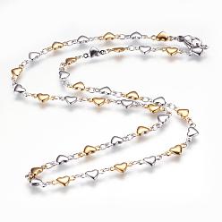 Golden & Stainless Steel Color 304 Stainless Steel Chain Necklaces, with Lobster Claw Clasps, Heart, Golden & Stainless Steel Color, 17.3  inch~17.9 inch(44~45.5cm)