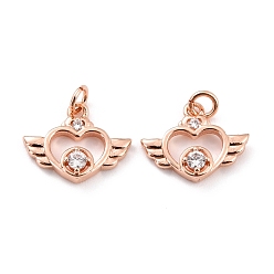 Rose Gold Brass Micro Pave Clear Cubic Zirconia Pendants, with Jump Rings, Long-Lasting Plated, Cadmium Free & Lead Free, Heart with Wings, Real Rose Gold Plated, 11x14x3mm, Hole: 2.6mm