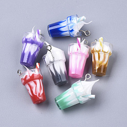 Mixed Color Resin Pendants, Imitation Ice Cream Bubble Tea Charms, with Platinum Tone Iron Loop and Polymer Clay, Mixed Color, 24~26x13mm, Hole: 1.8mm