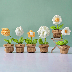 White DIY Pot Flower Display Doll Decoration Crochet Kit, Including Cotton Thread, Crochet Hook Needle, Knit Needle, Locking Stitch Marker, White, 11cm