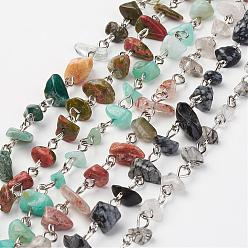 Mixed Stone Natural & Synthetic Gemstone Chips Handmade Beaded Chains, Unwelded, with Iron Pins, Platinum, 39.37 inch(1m)