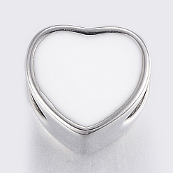 White 304 Stainless Steel European Enamel Beads, Large Hole Beads, Heart, White, 9x10x7.5mm, Hole: 5mm