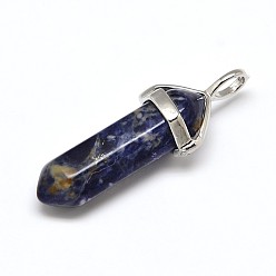 Sodalite Natural Sodalite Double Terminated Pointed Pendants, with Random Alloy Pendant Hexagon Bead Cap Bails, Bullet, Platinum, 36~45x12mm, Hole: 3x5mm, Gemstone: 10mm in diameter