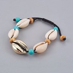 Or Bracelets réglables en nylon avec cordon de nylon, avec des perles de cauris et des perles de coquille de mer galvanisées, Perle en bois, turquoise synthétique, or, 1-5/8 pouces (4 cm) ~2-1/2 pouces (6.6 cm)