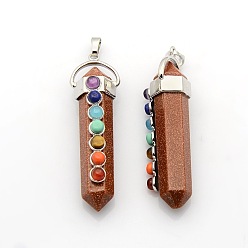 Goldstone Yoga Chakra Jewelry Platinum Plated Brass Gemstone Double Terminated Pointed Big Pendants, Synthetic Goldstone, 58x17x16mm, Hole: 7x6mm